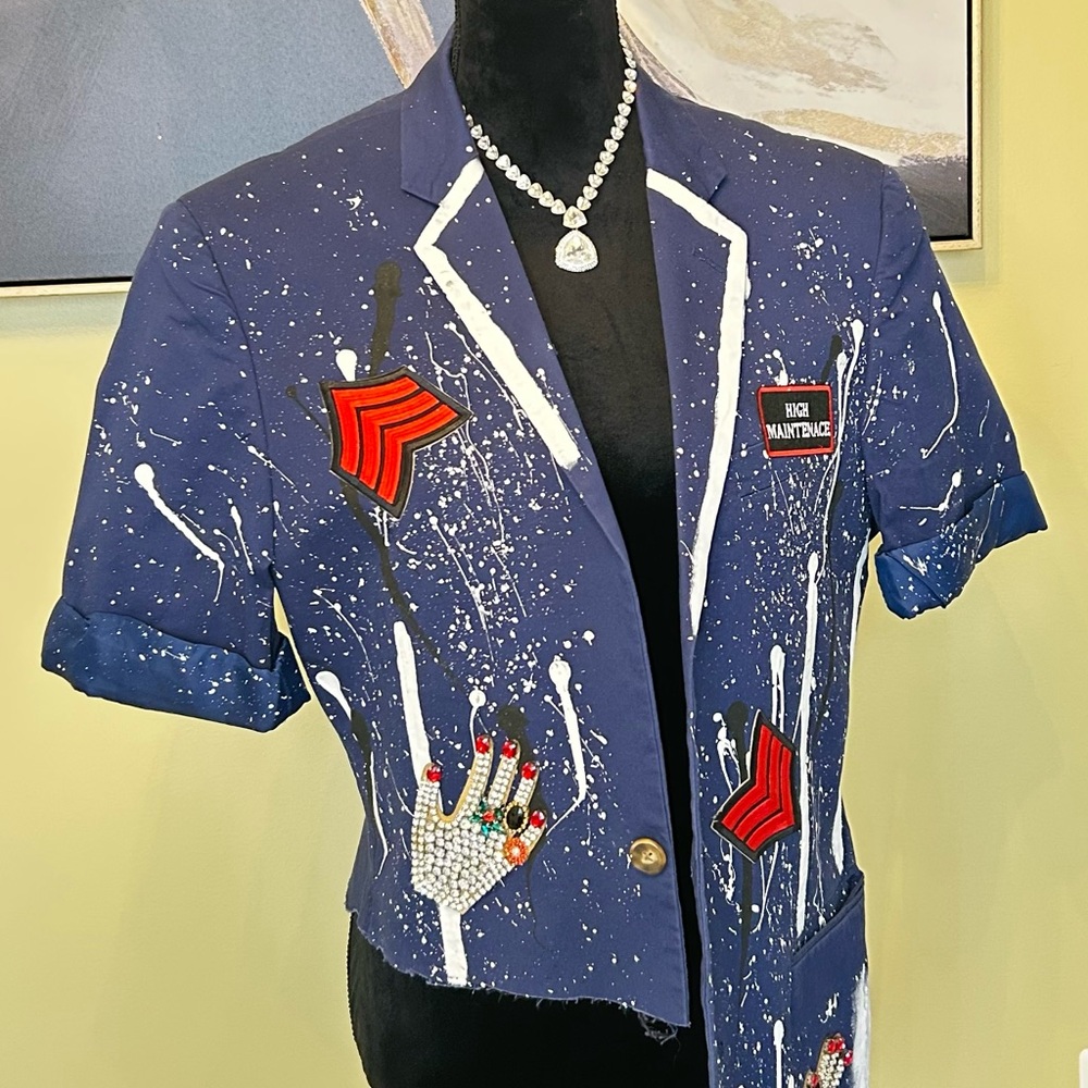 Blue Splatter Blazer with Red Accents